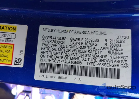 2020 Honda Accord Sport z USA, uszkodzony, nr VIN 1HGCV1F34LA106408